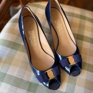 Ferragamo Navy Patent Leather Peep Toe Pumps